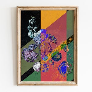 May include: A framed abstract art print featuring a colorful floral design with a geometric background. The flowers are in shades of blue, purple, pink, and green, and the background is a mix of black, yellow, red, and green.