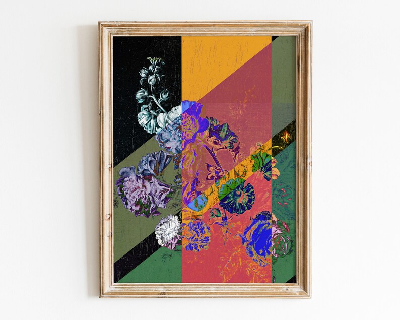 May include: A framed abstract art print featuring a colorful floral design with a geometric background. The flowers are in shades of blue, purple, pink, and green, and the background is a mix of black, yellow, red, and green.