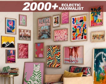 May include: A gallery wall of framed art prints in diverse styles and sizes. The prints showcase abstract designs, landscapes, and illustrations, with a colour palette including pink, green, and yellow. Text on the wall reads "2000+ ECLECTIC MAXIMALIST".