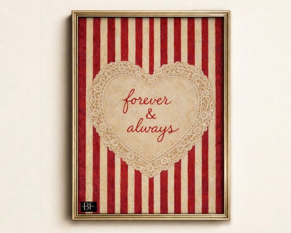 Vintage Valentine Lace Heart Print, Romantic Coquette Decor, Red Striped Art, Printable Quote, Digital Download