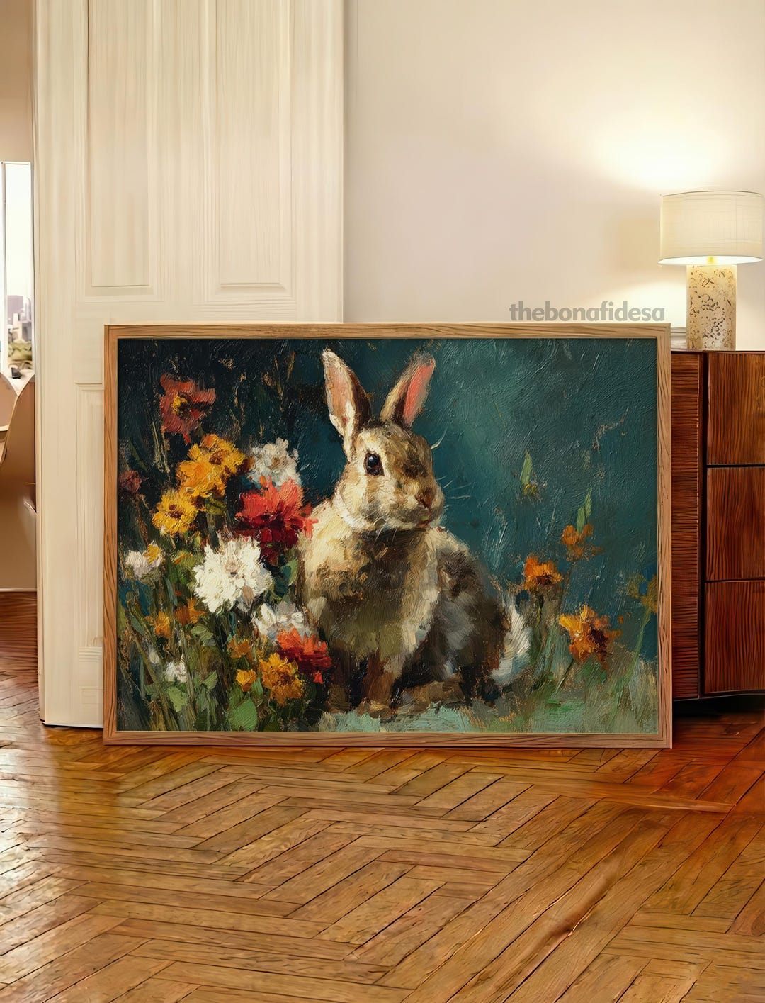 Spring Rabbit Printable Wall Art, Moody Bunny With Flowers Easter Print ...