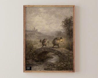 Vintage Cottagecore Frogs with Lantern on Bridge