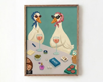 Funny Duck Wine Digital Wall Art , Quirky Printable Poster with Stylish Ducks, Cheese and Wine Scene, Retro Wall Decor for Kitchen and Bar