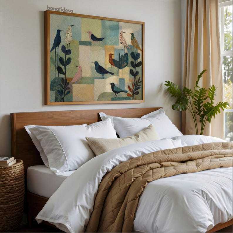 May include: A framed artwork featuring colorful birds on a geometric background hangs above a bed with white bedding and a brown quilted blanket. The room has a natural, neutral color palette with a wooden headboard and side table.