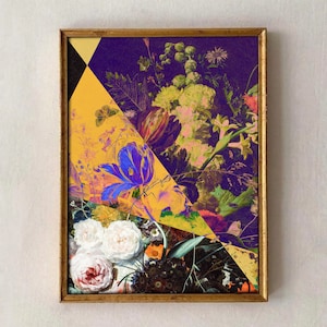 May include: A framed print of a colorful floral still life with a purple, yellow, and black geometric design. The flowers are in shades of pink, white, and blue.
