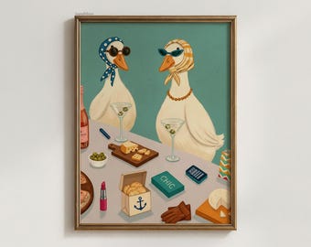 Funny Duck Wine Digital Wall Art , Quirky Printable Poster with Stylish Ducks, Cheese and Wine Scene, Retro Wall Decor for Kitchen or Bar