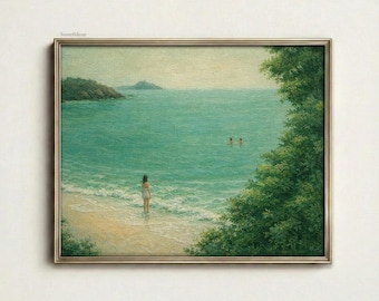 May include: A framed painting depicts a serene beach scene. A person stands in the shallow turquoise water, facing the ocean. Two figures swim in the distance. Lush green foliage frames the right side, and a small island is visible.