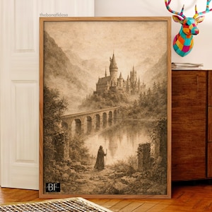 Peut inclure: Impression encadrée en sépia d'un château sur une colline, avec un pont sur l'eau et une silhouette au premier plan. L'œuvre d'art a une esthétique vintage, avec une représentation détaillée du paysage et de l'architecture. Le cadre est en bois.