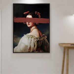 May include: A vintage portrait of a woman with a red paint stroke covering her eyes. The woman is wearing a white dress with a ruffled neckline and a pearl necklace. The background is a dark blue.
