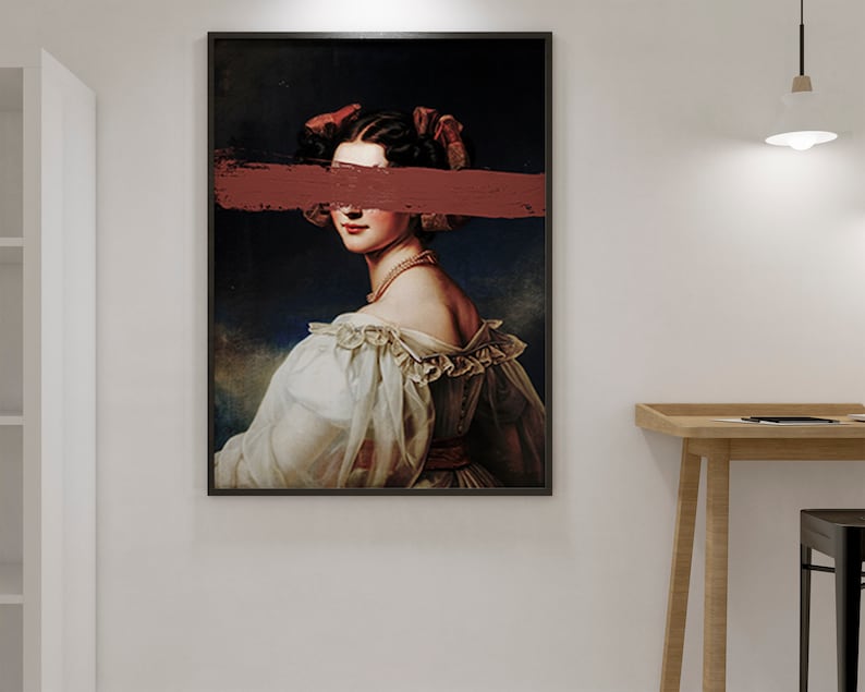 May include: A vintage portrait of a woman with a red paint stroke covering her eyes. The woman is wearing a white dress with a ruffled neckline and a pearl necklace. The background is a dark blue.