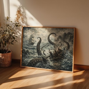 May include: A framed print depicting a dramatic sea battle. A ship and a small boat are under attack by a giant octopus in turbulent waters. The artwork is in shades of gray and brown, with a wooden frame.
