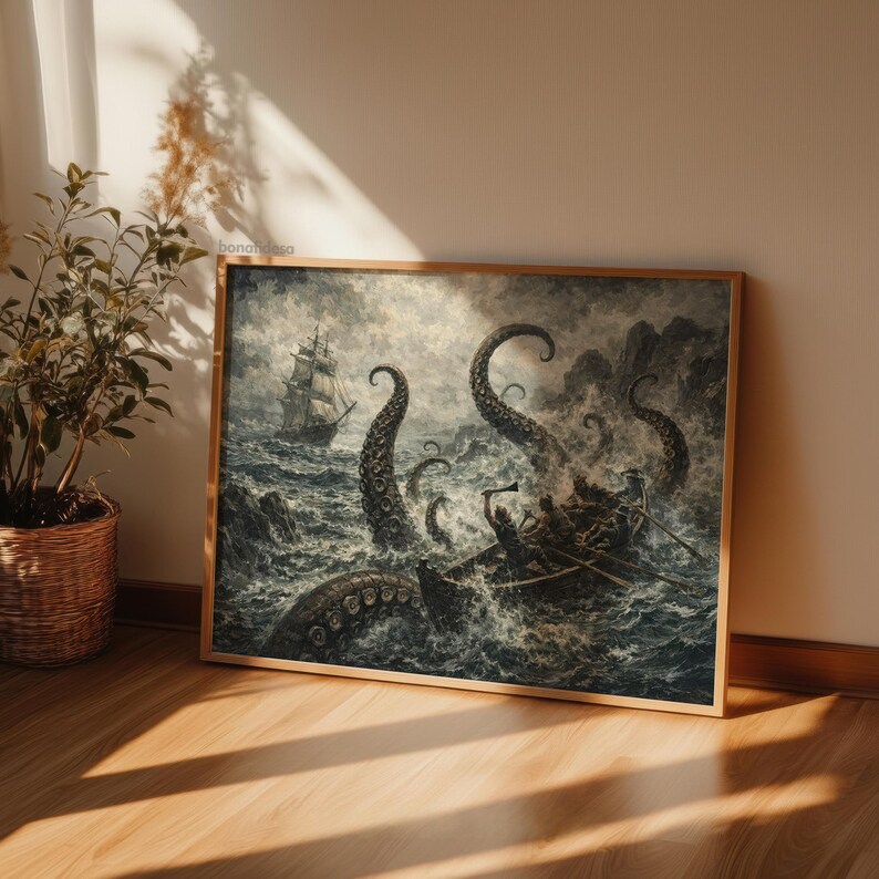 May include: A framed print depicting a dramatic sea battle. A ship and a small boat are under attack by a giant octopus in turbulent waters. The artwork is in shades of gray and brown, with a wooden frame.