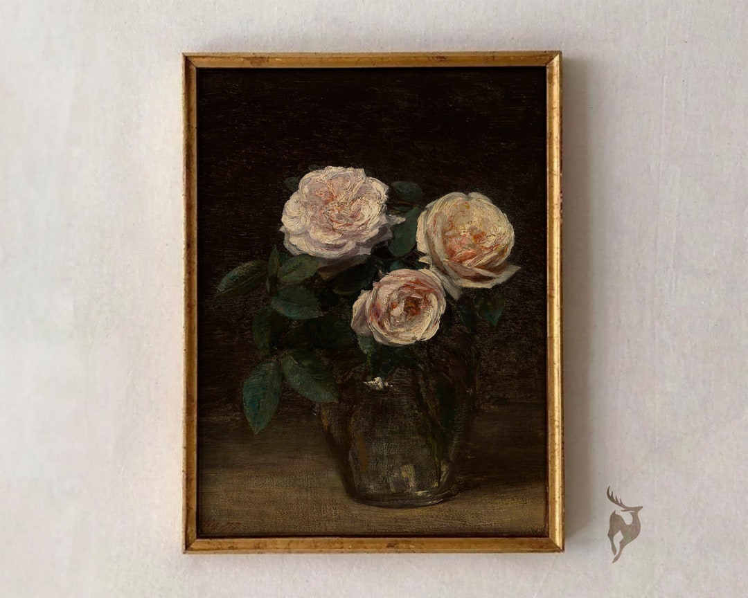 Vintage Rose Oil Painting, Moody Floral Wall Art (printable Art) - Etsy