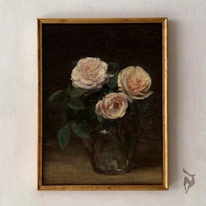Vintage Rose Painting, Rose Flower Wall Art, Moody Floral Oil Painting, Dark Vintage Art, Antique Painting, Pink Rose Artwork, Printable Art