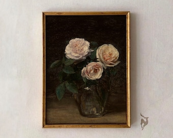 Vintage Rose Oil Painting, Moody Floral Wall Art (Printable Art)