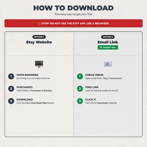 May include: A white infographic with red and black text explaining how to download files from Etsy. The title reads "HOW TO DOWNLOAD." Instructions are provided for downloading via the Etsy website and email link.