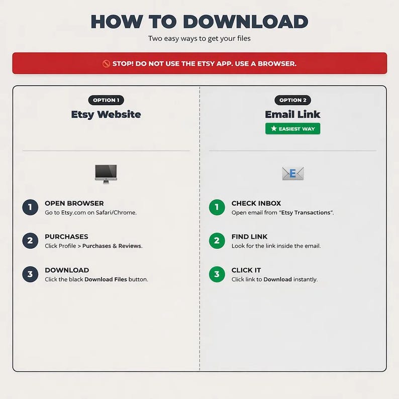 May include: A white infographic with red and black text explaining how to download files from Etsy. The title reads "HOW TO DOWNLOAD." Instructions are provided for downloading via the Etsy website and email link.