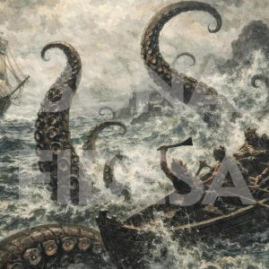May include: An artistic depiction of a sea battle, featuring a ship and a small boat battling giant tentacles in a stormy sea. The artwork is rendered in shades of gray, white, and brown, creating a dramatic and intense scene.