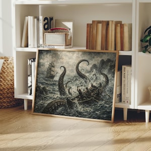 May include: A framed print depicting a dramatic sea battle scene. The artwork features a ship, a small boat, and giant tentacles rising from the turbulent water. The color palette is primarily grayscale with a vintage aesthetic.