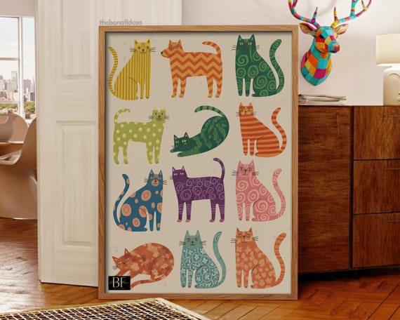 Whimsical Cat Art Print, Abstract Pop Art (Digital Download)