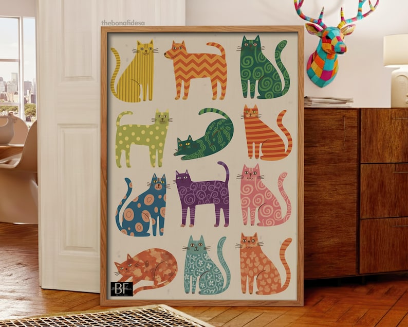 Illustration de chat fantaisiste, art pop abstrait (téléchargement numérique) image 1