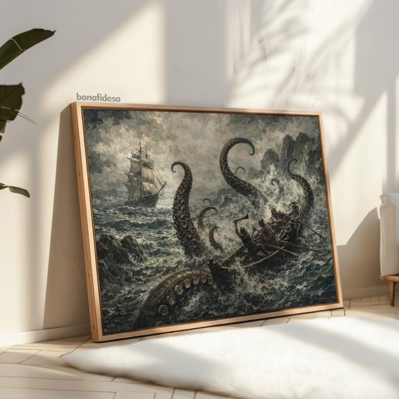 May include: Framed artwork depicting a dramatic sea battle. A large kraken attacks a ship and a small boat in stormy waters. The artwork is in shades of gray and brown, with a wooden frame.