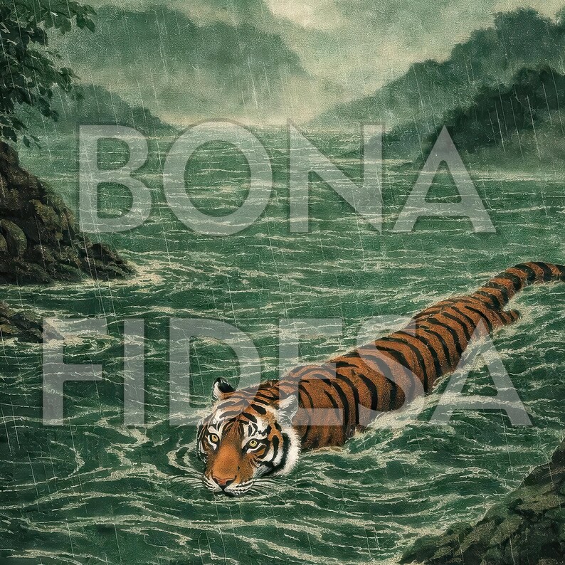 May include: An illustration of a tiger swimming in a river during a rainstorm. The tiger has orange and black stripes. The water is green and the sky is grey. The text "BONA FIDE" is overlaid on the image.