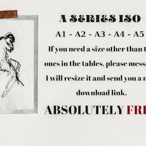 May include: A black and white illustration of a person sitting in a thinking pose. The text "A SERIES ISO" is written in bold black letters. Below the text, the sizes A1, A2, A3, A4, and A5 are listed. The text "If you need a size other than the ones in the tables, please message. I will resize it and send you a new download link. ABSOLUTELY FREE" is written in black letters.