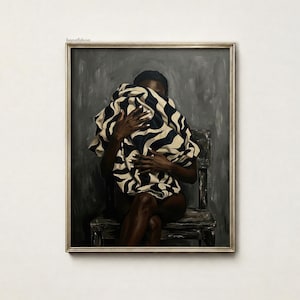 May include: A framed oil painting depicting a person with dark skin sitting on a wooden chair, holding a large piece of fabric with a black and cream-colored wavy pattern that obscures their face. The background is a textured dark gray.