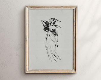 Impressão artística de esboço vintage de mulher, desenho minimalista em linhas (download digital)