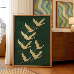 Japanese Crane Print: Green & Gold Vintage Art (Digital Download)