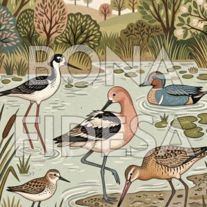 Puede incluir: Una ilustraci&oacute;n digital de una escena de humedal con cuatro aves, incluyendo una cig&uuml;e&ntilde;uela blanca y negra, una avoceta de cabeza rosada, un correlimos marr&oacute;n y un pato de alas azules, con el texto BONA FIDESA superpuesto en el centro.