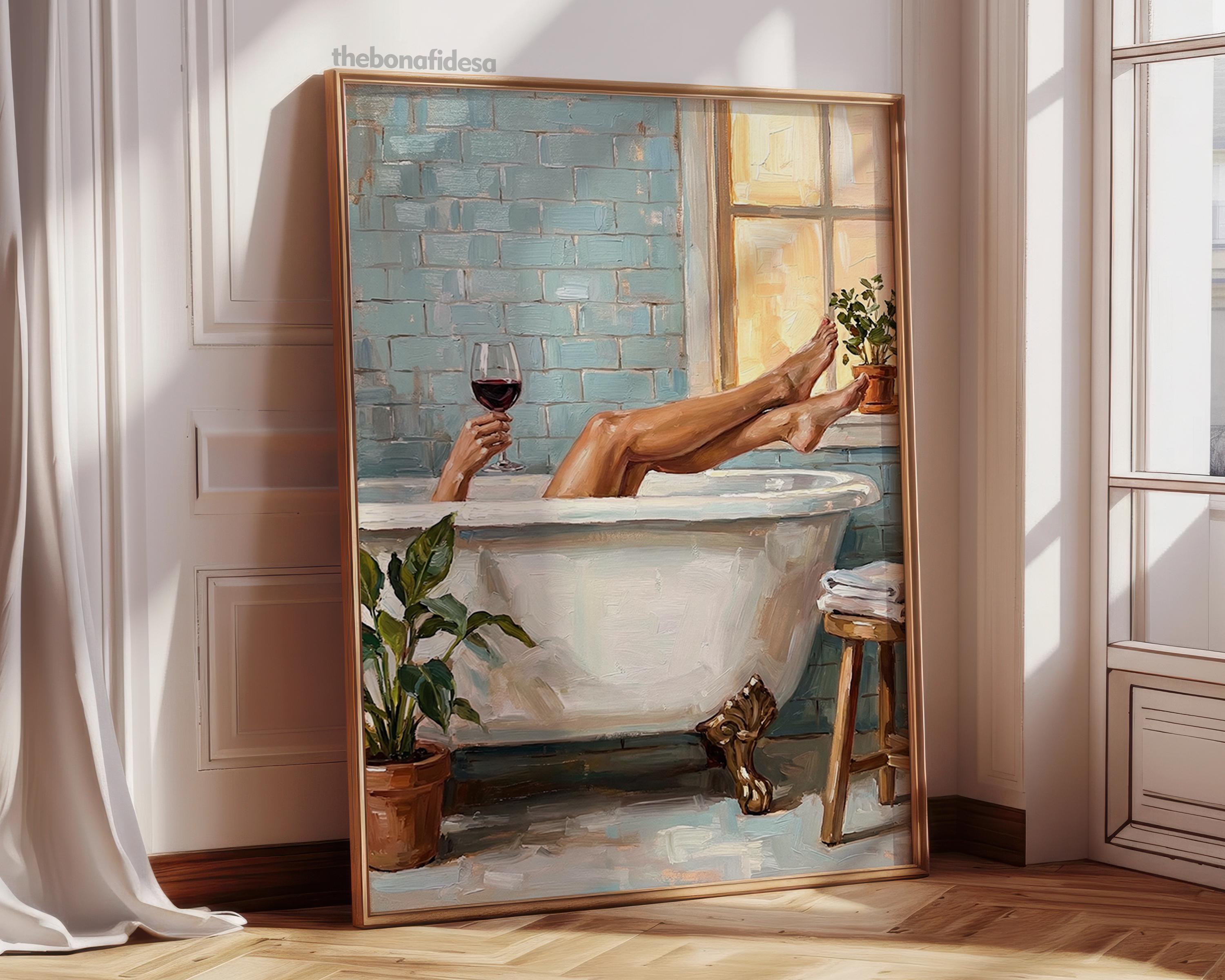 Modern Bathroom Wall Art Printable | Pink Bathtub With Martini Glass ...