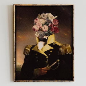 Flower Head Soldier Collage Artwork Printable Wall Art, Altered Art Portrait Vintage Floral Oil Painting Digital Prints, Digital Download