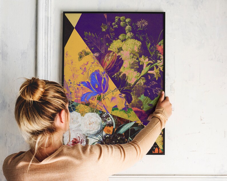 May include: A colorful abstract floral print with a geometric design in shades of purple, yellow, and blue. The print features a variety of flowers and leaves, including tulips, roses, and ferns.