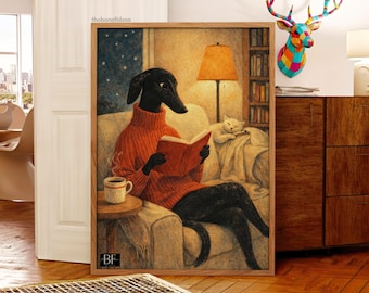 Greyhound Coffee and Read Art Print: Whimsical Funny Dog Poster i(Digital Download)