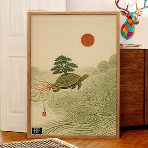 May include: Framed art print featuring a turtle with a tree on its back, set against a backdrop of swirling green waves and a red sun. The artwork has a vintage, Japanese-inspired aesthetic, with a wooden frame.