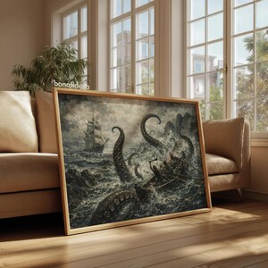 May include: A framed print depicting a dramatic sea battle scene. A large ship sails in turbulent waters, while a giant sea creature attacks a smaller boat. The artwork is in shades of gray, brown, and white, with the word "bonafide" visible on the frame.