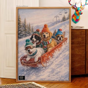 May include: A framed print depicts four dogs sledding down a snowy hill. The dogs wear winter hats and scarves. The sled is red, and the background shows a ski lift and snow-covered trees. The print is in a wooden frame.