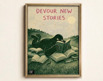 Art mural livre rétro, impression de lecture, cadeau pour les amateurs de lecture, illustration d'art murale d'art dessinée à la main, impression consommation plus de livres, tirages de littérature sympas