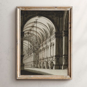 Könnte beinhalten: Ein Schwarzweißdruck eines architektonischen Innenraums mit einer gewölbten Decke und verzierten Säulen. Der Druck ist in einem goldfarbenen Rahmen gerahmt.