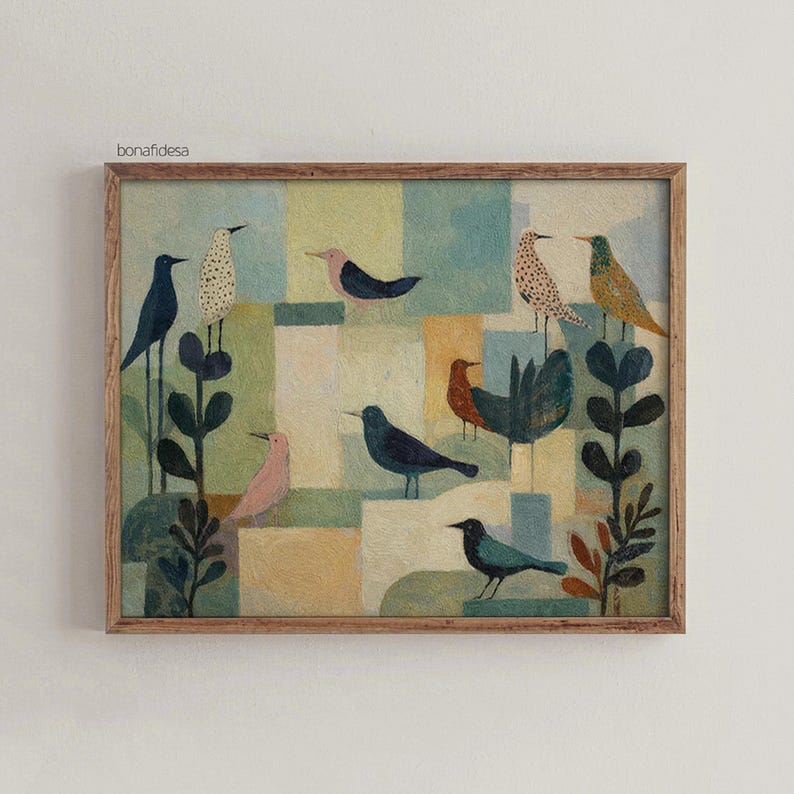 May include: A framed artwork featuring a collection of stylized birds in various colors, including blue, pink, and yellow. The birds are set against a backdrop of geometric shapes in muted tones. The artwork is signed "bonafidesa".