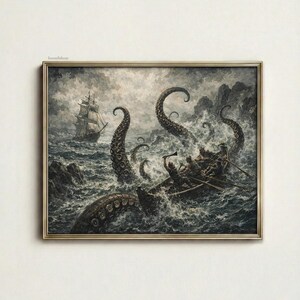 May include: A framed vintage print depicts a dramatic sea battle. A ship and a small boat are under attack by a giant octopus in a stormy sea. The artwork is in shades of gray and brown, with a gold-colored frame.
