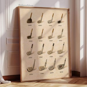 May include: A framed print featuring illustrations of vintage golf clubs from 1890 to 2010. The artwork showcases the evolution of golf club design over time, with each club labeled with its corresponding year. The print has a neutral color palette and is displayed in a room with natural light.