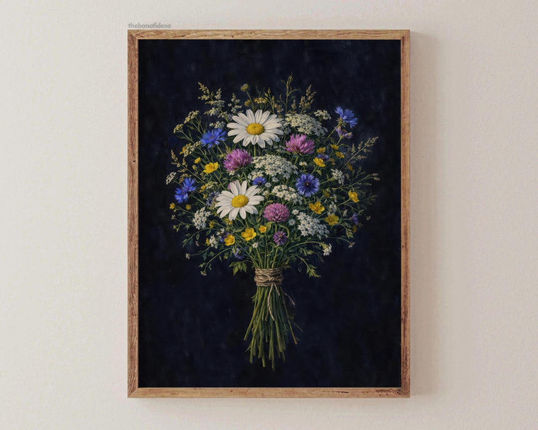 Wildflower Bouquet Printable Wall Art – Dark Botanical Floral, Vintage ...