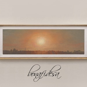 夕日のパノラマ壁アート、パノラマ絵画、長い風景油絵、ベッドの上の装飾、バーカートの装飾、夕日のヴィンテージ油絵