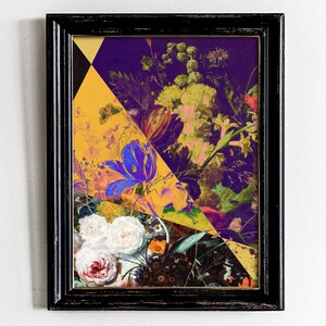 May include: A framed print of a colorful floral still life with a purple, yellow, and green color scheme. The flowers are arranged in a vase and are surrounded by leaves and stems. The print is framed in a black frame.