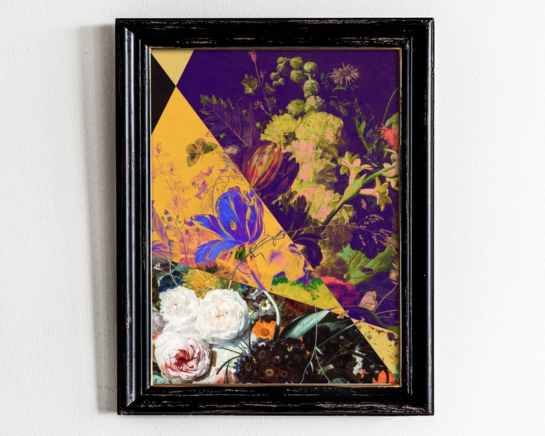 May include: A framed print of a colorful floral still life with a purple, yellow, and green color scheme. The flowers are arranged in a vase and are surrounded by leaves and stems. The print is framed in a black frame.