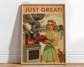 Retro Kitchen Print, Funny 50s Poster, Vintage Cooking Art, Humorous Kitchen Decor, Retro Wall Art Gift Ideas