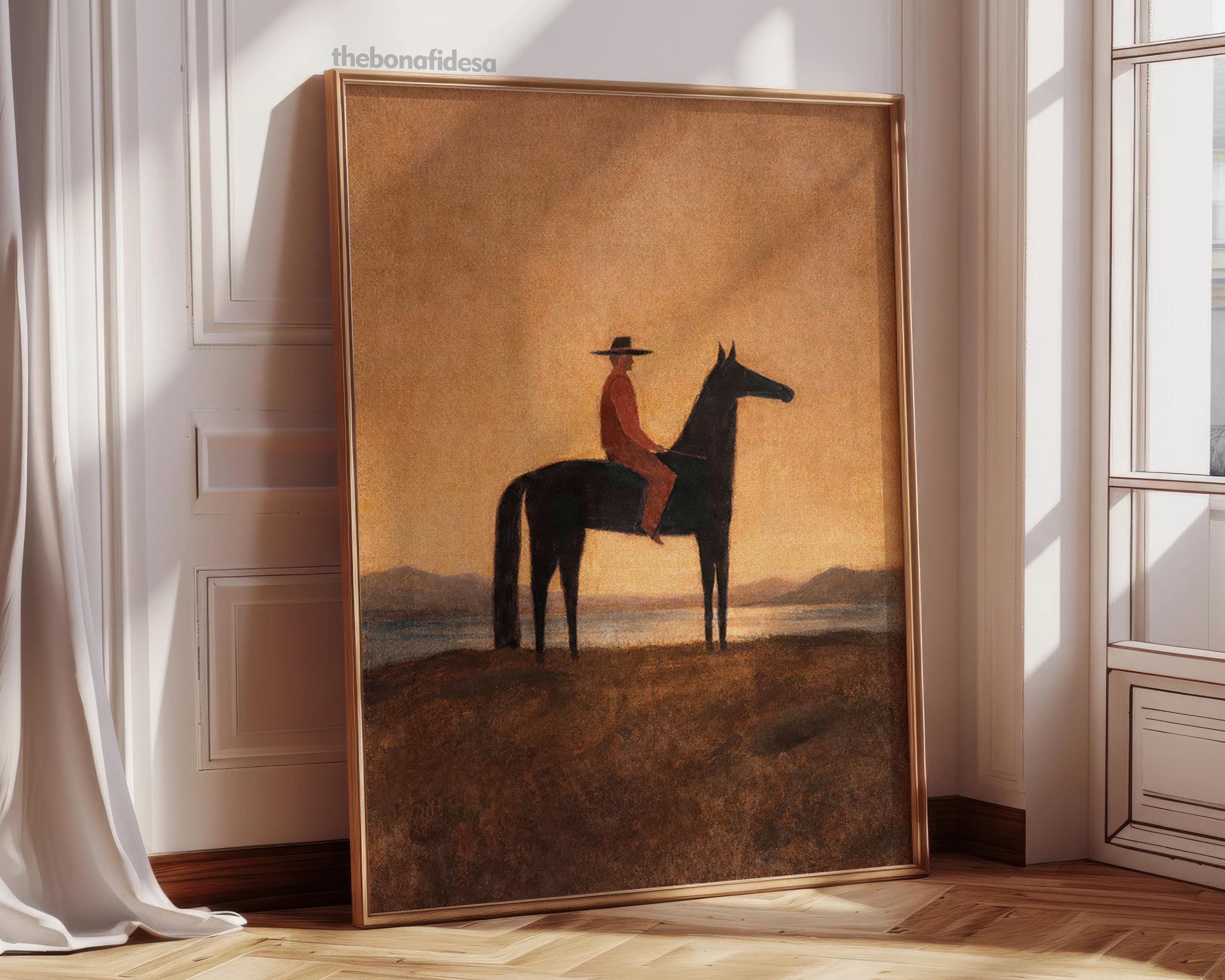 Japandi Cowboy Wall Art Printable, Minimal Western Sunset Horse Rider ...